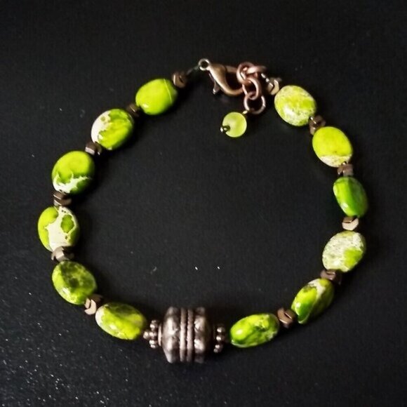 Bright Green Sea Sediment Jasper + Copper Bracelet ~ Adjustable Fits 7-8" Wrists - Picture 3 of 8
